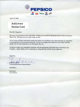 Scan of the letter from Pepsi