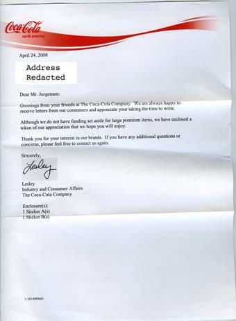 Scan of the letter from Coke