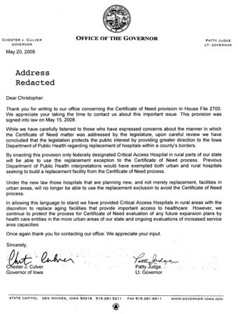 Scans of the letters from Governor Chet Culver