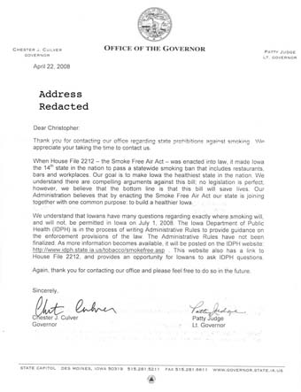 Scans of the letters from Governor Chet Culver