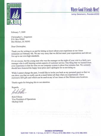 Scan of the letter from Okoboji Grill