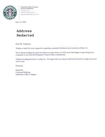 Scan of the letter from Starbucks