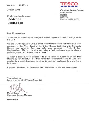 Scan of the letter from Tesco