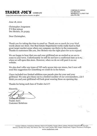 Scan of the letter from Trader Joes